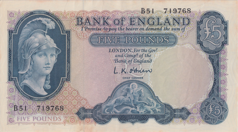 FIVE POUNDS BANKNOTE O'BRIEN REF £5 - 4 - £5 BANKNOTES - Cambridgeshire Coins