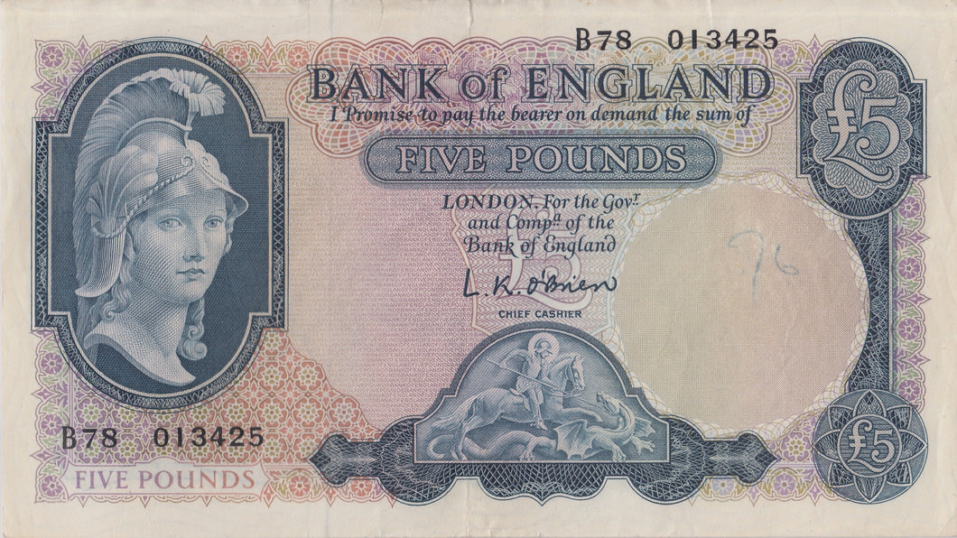 FIVE POUNDS BANKNOTE O'BRIEN REF £5 - 50 - £5 BANKNOTES - Cambridgeshire Coins