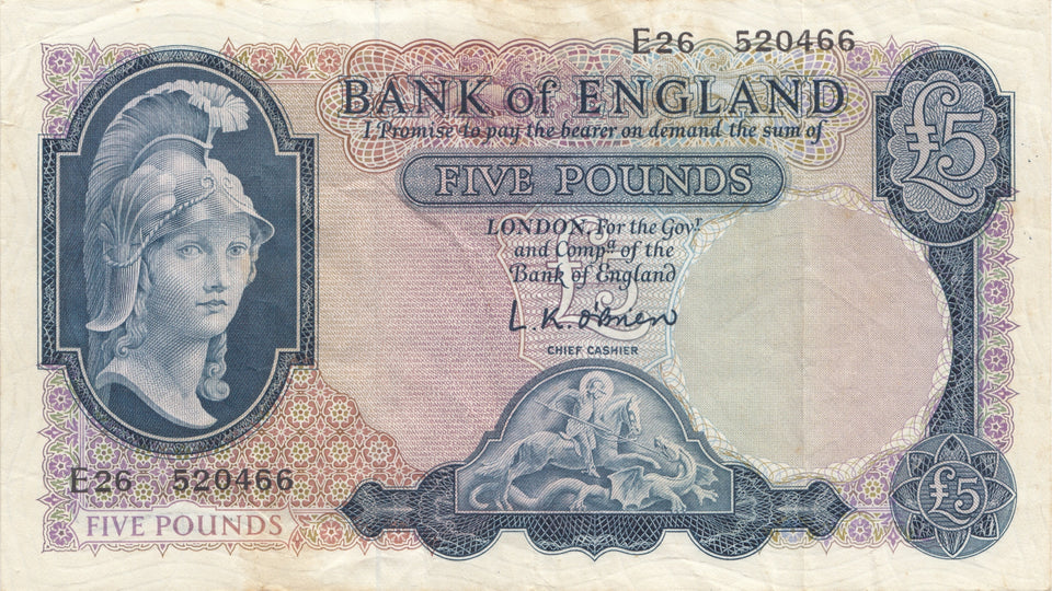 FIVE POUNDS BANKNOTE O'BRIEN REF £5 - 6 - £5 BANKNOTES - Cambridgeshire Coins