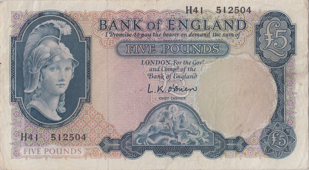 FIVE POUNDS BANKNOTE O'BRIEN REF £5 - 70 - £5 BANKNOTES - Cambridgeshire Coins