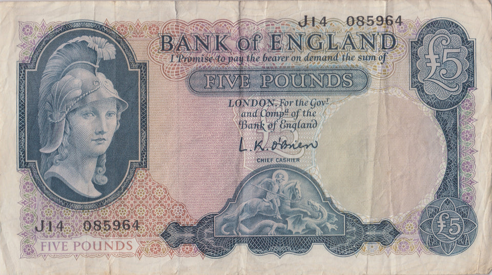 FIVE POUNDS BANKNOTE O'BRIEN REF £5 - 89 - £5 BANKNOTES - Cambridgeshire Coins