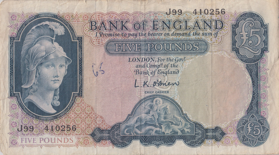 FIVE POUNDS BANKNOTE O'BRIEN REF £5 - 91 - £5 BANKNOTES - Cambridgeshire Coins