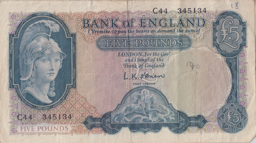 FIVE POUNDS BANKNOTE O'BRIEN REF £5 - 92 - £5 BANKNOTES - Cambridgeshire Coins