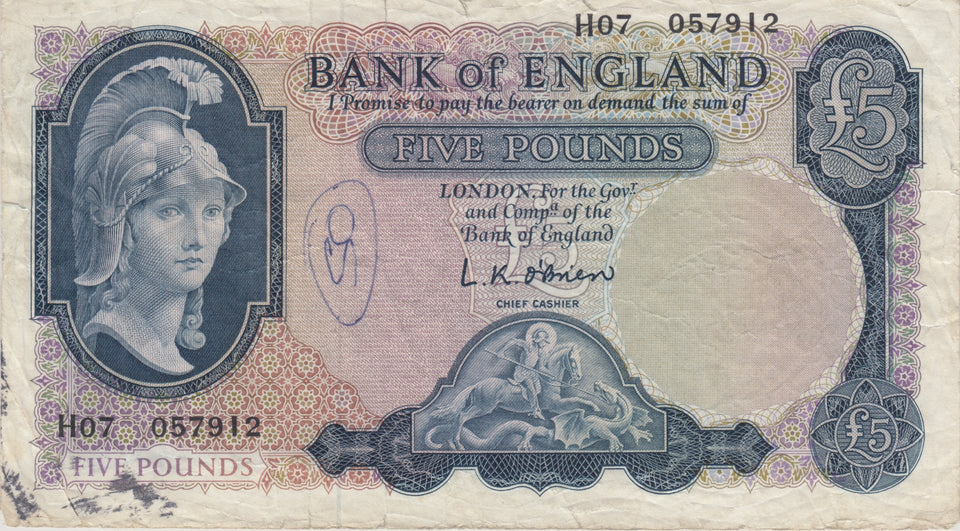 FIVE POUNDS BANKNOTE O'BRIEN REF £5 - 94 - £5 BANKNOTES - Cambridgeshire Coins