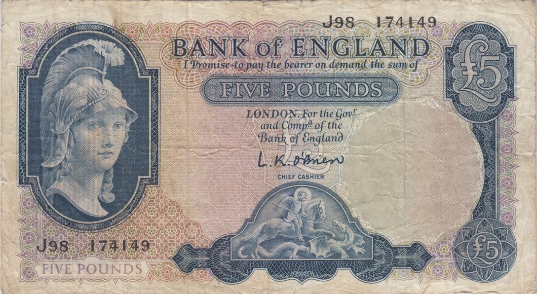 FIVE POUNDS BANKNOTE O'BRIEN REF £5 - 96 - £5 BANKNOTES - Cambridgeshire Coins