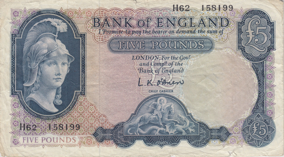 FIVE POUNDS BANKNOTE O'BRIEN REF £5 - 96 - £5 BANKNOTES - Cambridgeshire Coins