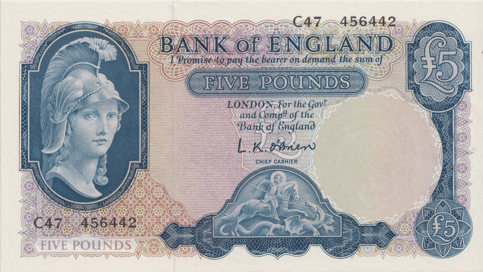 FIVE POUNDS BANKNOTE O'BRIEN REF £5-152 - £5 BANKNOTES - Cambridgeshire Coins