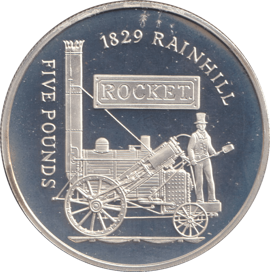 FIVE POUNDS SILVER PROOF 2004 ALDERNEY TRAIN COINS RAINHILL ROCKET - Silver Proof - Cambridgeshire Coins