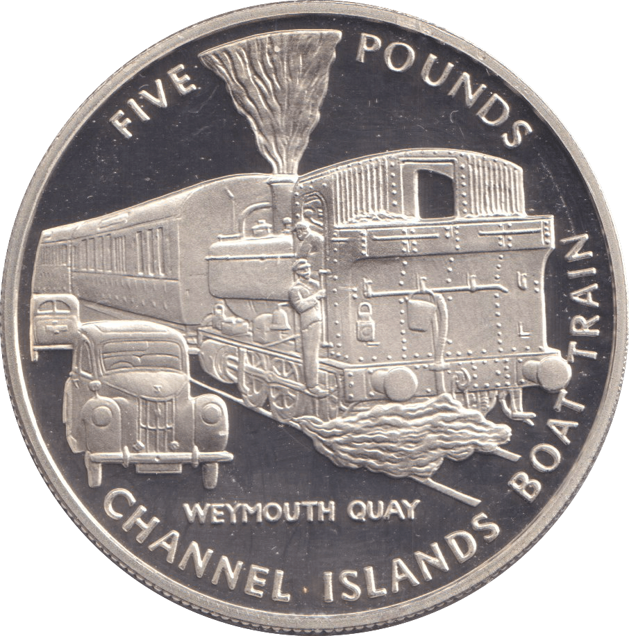 FIVE POUNDS SILVER PROOF 2004 GUERNSEY TRAIN COINS WEYMOUTH CHANNEL ISLANDS BOAT TRAIN - Silver Proof - Cambridgeshire Coins
