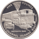 FIVE POUNDS SILVER PROOF 2004 GUERNSEY TRAIN COINS WEYMOUTH CHANNEL ISLANDS BOAT TRAIN - Silver Proof - Cambridgeshire Coins