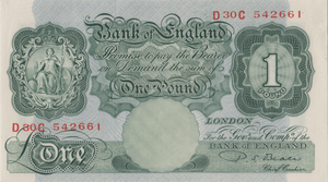 ONE POUND BANKNOTE BANK OF ENGLAND BEALE £1 - 132 - £1 BANKNOTE - Cambridgeshire Coins