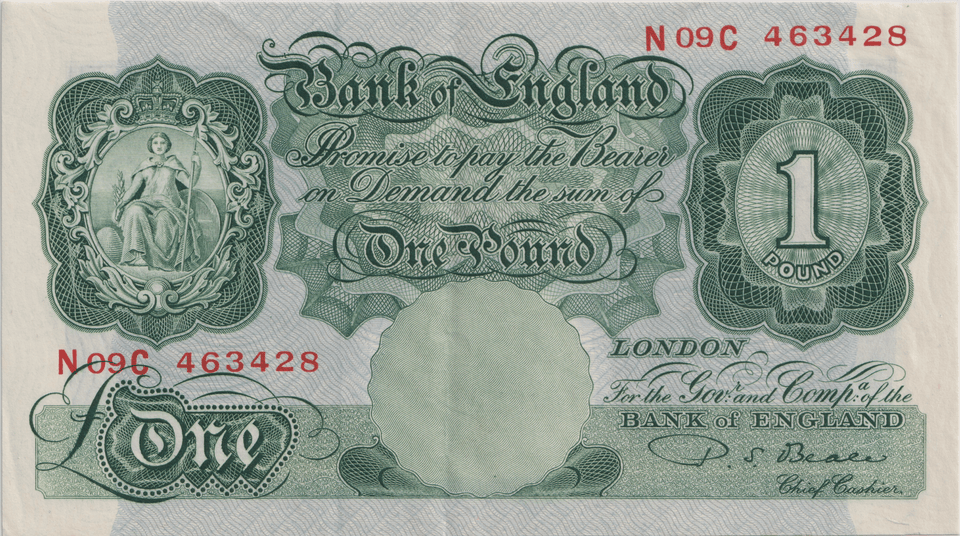 ONE POUND BANKNOTE BANK OF ENGLAND BEALE £1 - 150 - £1 BANKNOTE - Cambridgeshire Coins