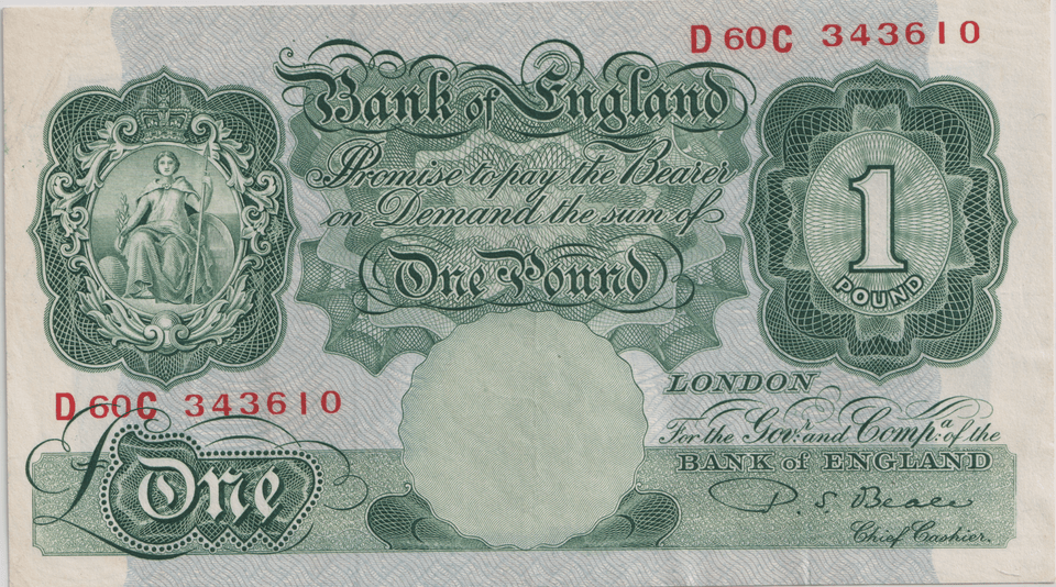 ONE POUND BANKNOTE BANK OF ENGLAND BEALE £1 - 153 - £1 BANKNOTE - Cambridgeshire Coins