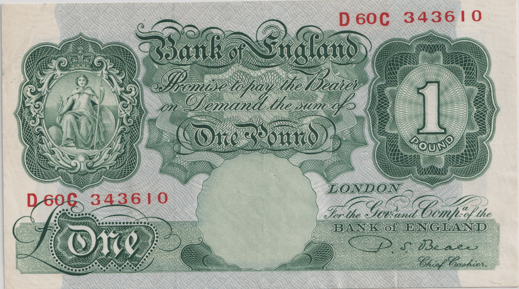 ONE POUND BANKNOTE BANK OF ENGLAND BEALE £1 - 153 - £1 BANKNOTE - Cambridgeshire Coins