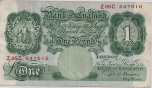 ONE POUND BANKNOTE BANK OF ENGLAND BEALE £1 - 159 - £1 BANKNOTE - Cambridgeshire Coins
