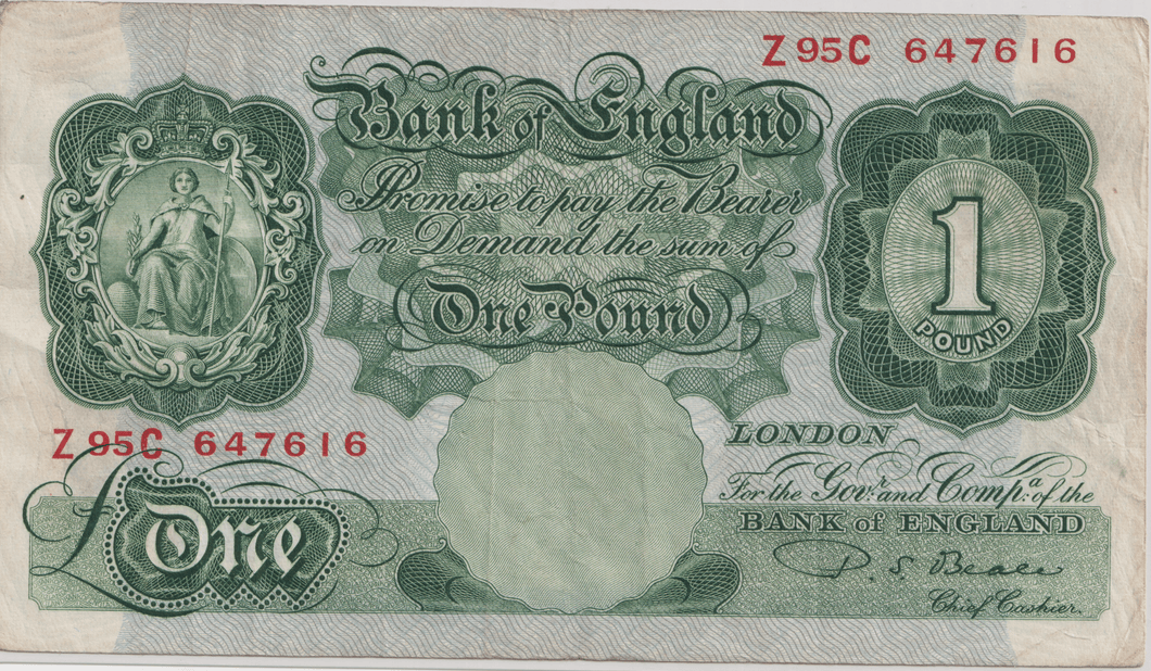 ONE POUND BANKNOTE BANK OF ENGLAND BEALE £1 - 159 - £1 BANKNOTE - Cambridgeshire Coins