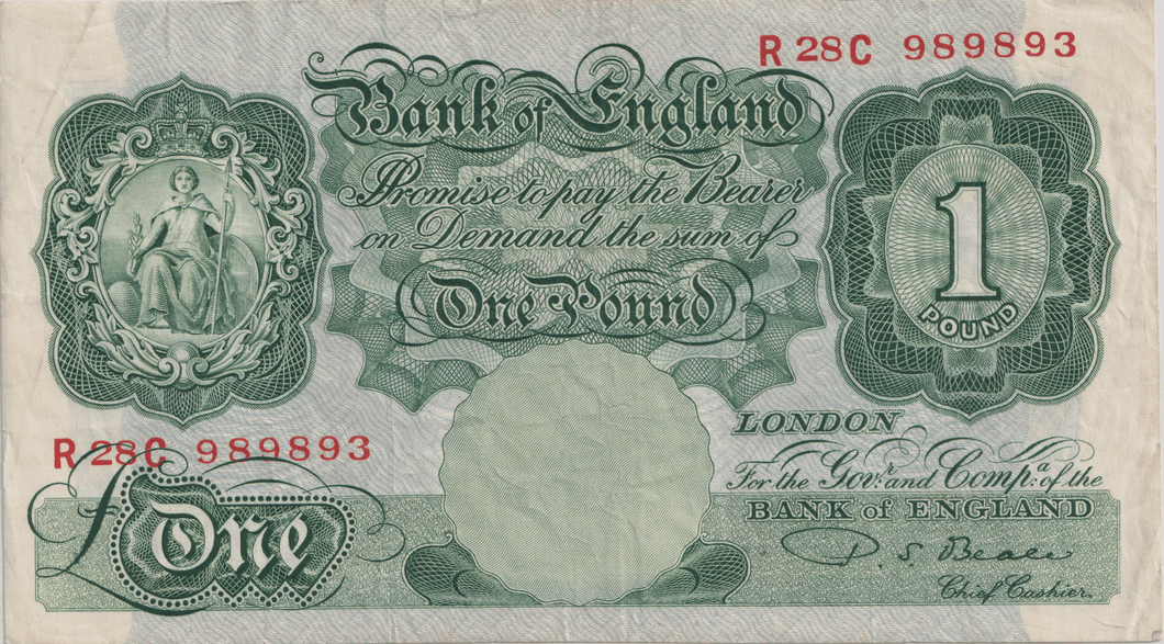 ONE POUND BANKNOTE BANK OF ENGLAND BEALE £1 - 162 - £1 BANKNOTE - Cambridgeshire Coins