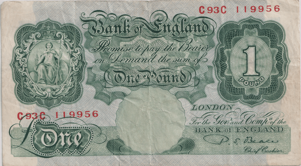 ONE POUND BANKNOTE BANK OF ENGLAND BEALE £1 - 167 - £1 BANKNOTE - Cambridgeshire Coins