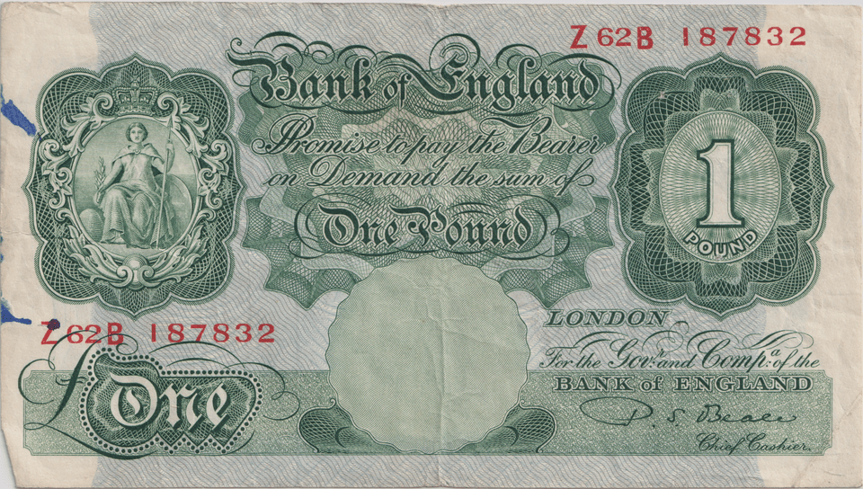 ONE POUND BANKNOTE BANK OF ENGLAND BEALE £1 - 168 - £1 BANKNOTE - Cambridgeshire Coins