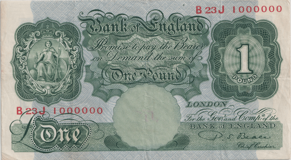 ONE POUND BANKNOTE BANK OF ENGLAND BEALE £1 - 170 - £1 BANKNOTE - Cambridgeshire Coins