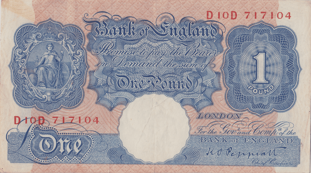 ONE POUND BANKNOTE BANK OF ENGLAND PEPPIATT £1 - 189 - £1 BANKNOTE - Cambridgeshire Coins
