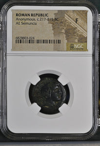 ROMAN REPUBLIC ANONYMOUS , c.217 - 215 BC AE SEMUNCIA F NGC ANCIENTS - NGC OTHER COINS - Cambridgeshire Coins