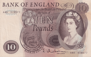 TEN POUNDS BANKNOTE HOLLOM £10 REF-104 - £10 Banknotes - Cambridgeshire Coins