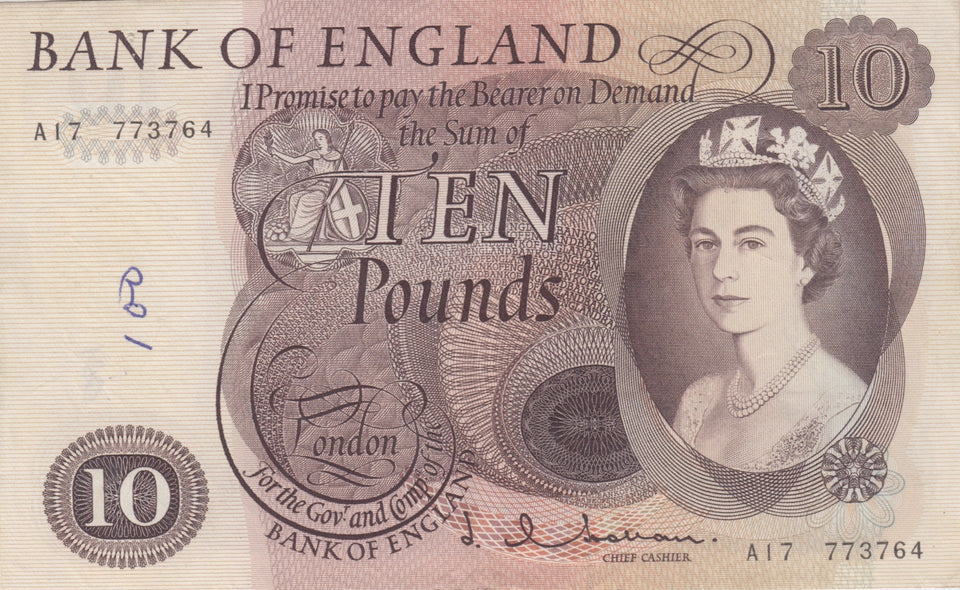 TEN POUNDS BANKNOTE HOLLOM REF £10 - 91 - £10 Banknotes - Cambridgeshire Coins