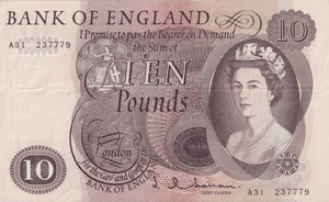 TEN POUNDS BANKNOTE HOLLOM REF £10-2 ( VF ) - £10 Banknotes - Cambridgeshire Coins