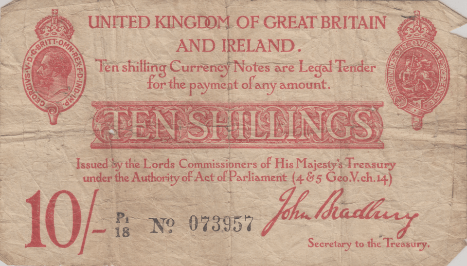 TEN SHILLING BANKNOTE JOHN BRADBURY REF SHILL - 68 - 10 SHILLINGS BANKNOTES - Cambridgeshire Coins