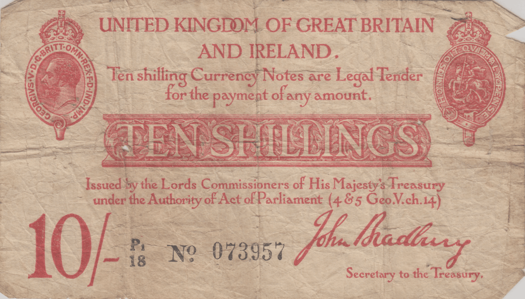 TEN SHILLING BANKNOTE JOHN BRADBURY REF SHILL - 68 - 10 SHILLINGS BANKNOTES - Cambridgeshire Coins