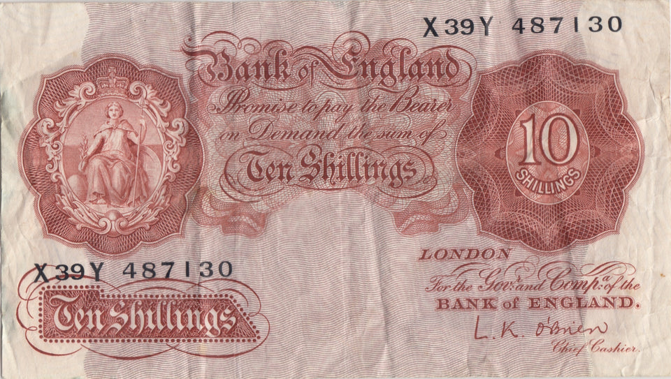 TEN SHILLINGS BANKNOTE O'BRIEN REF SHILL - 1 - 10 SHILLINGS BANKNOTES - Cambridgeshire Coins