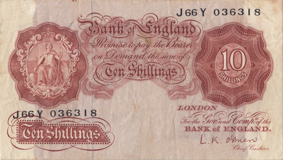 TEN SHILLINGS BANKNOTE O'BRIEN REF SHILL - 4 - 10 SHILLINGS BANKNOTES - Cambridgeshire Coins