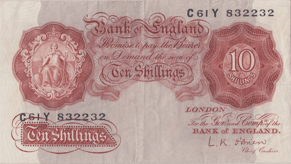 TEN SHILLINGS BANKNOTE O'BRIEN REF SHILL - 44 - 10 SHILLINGS BANKNOTES - Cambridgeshire Coins