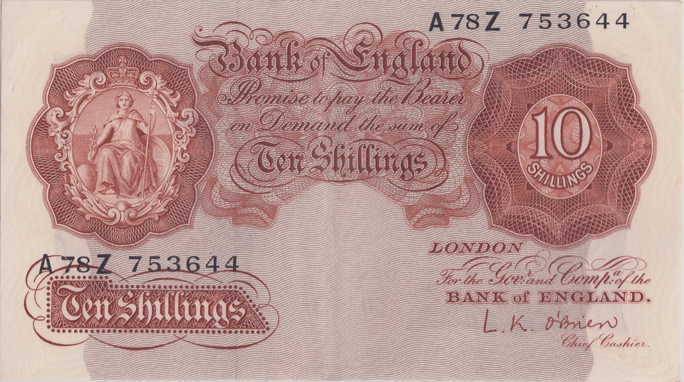 TEN SHILLINGS BANKNOTE O'BRIEN REF SHILL - 58 - 10 SHILLINGS BANKNOTES - Cambridgeshire Coins