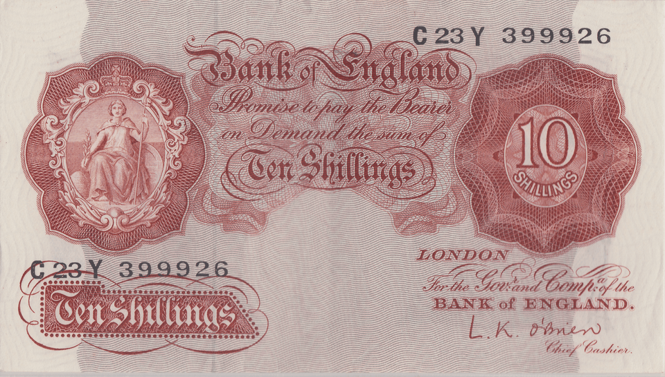 TEN SHILLINGS BANKNOTE O'BRIEN REF SHILL - 60 - 10 SHILLINGS BANKNOTES - Cambridgeshire Coins