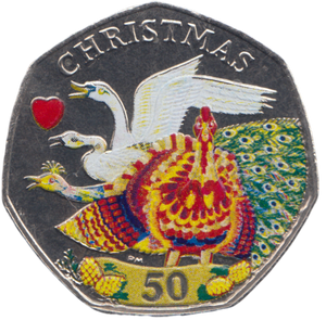 2008 COLOURED CHRISTMAS 50P FOUR CALLING BIRD ISLE OF MAN ( BUNC )