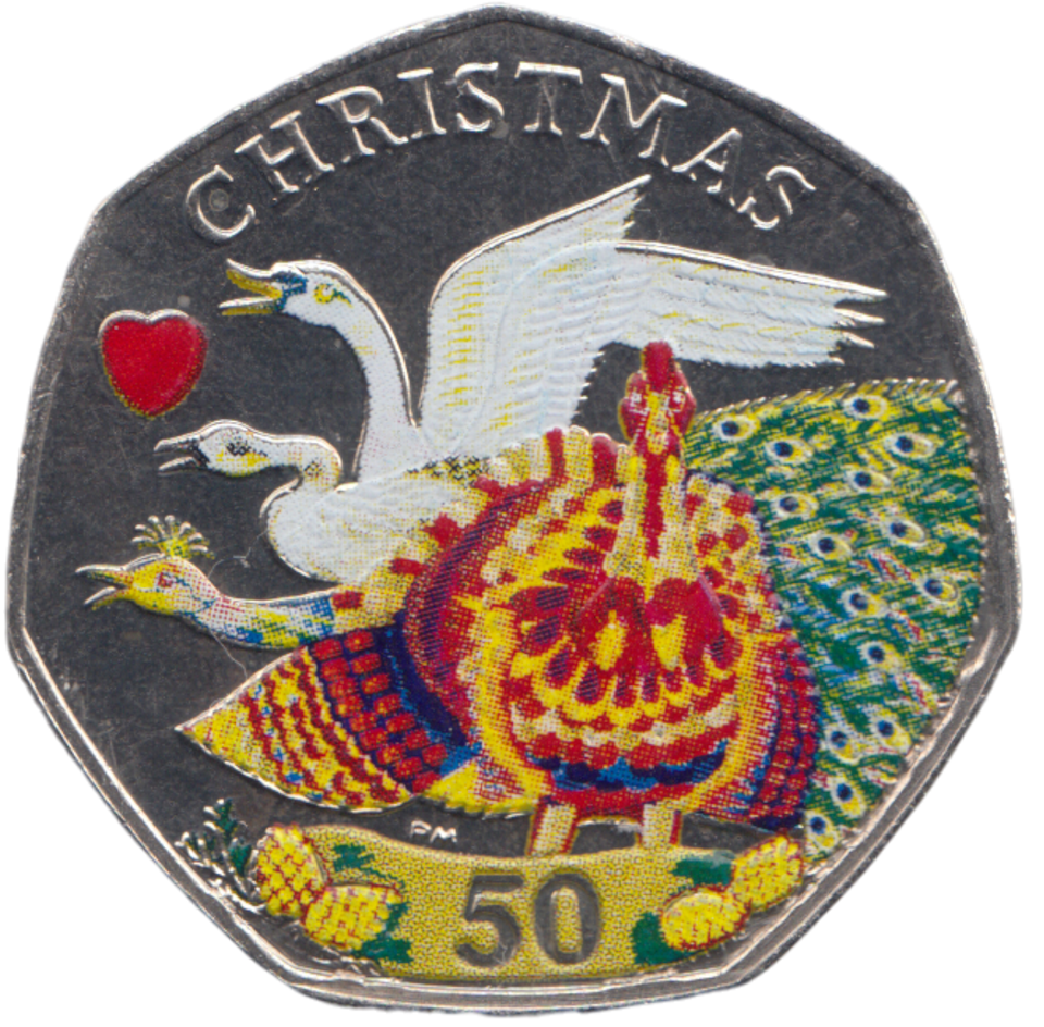 2008 COLOURED CHRISTMAS 50P FOUR CALLING BIRD ISLE OF MAN ( BUNC )