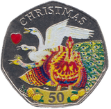 2008 COLOURED CHRISTMAS 50P FOUR CALLING BIRD ISLE OF MAN ( BUNC )