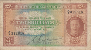 TWO SHILLINGS GOVERNMENT OF MALTA BANKNOTE REF 949 - WORLD BANKNOTES - Cambridgeshire Coins