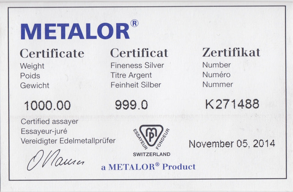 1 KILO SWITZERLAND SILVER METALOR BAR 999.0 SILVER BULLION - SILVER BARS - Cambridgeshire Coins