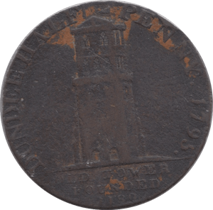 1795 HALFPENNY TOKEN ANGUSHIRE DUNDEE TOWER SHIP AT QUAY ( REF 248 ) - Token - Cambridgeshire Coins