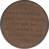 1812 JOHN BISHOP & CO CHELTENHAM ONE PENNY TOKEN - Token - Cambridgeshire Coins