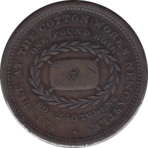 1813 NEWCASTLE PUBLIC ACCOMMODATION COTTON WORKS PENNY TOKEN - Token - Cambridgeshire Coins