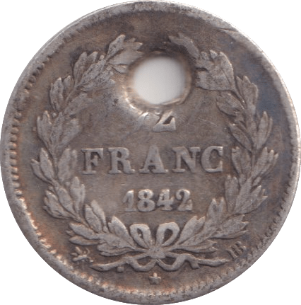 1842 SILVER FRANCE 1/2 FRANC HOLED - SILVER WORLD COINS - Cambridgeshire Coins