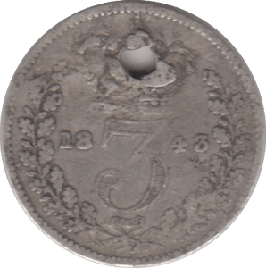 1843 SILVER THREEPENCE ( FAIR ) ( HOLED ) 2 - Cambridgeshire Coins