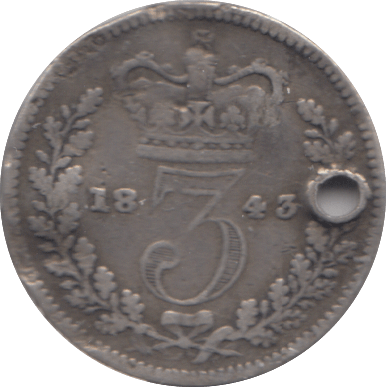 1843 SILVER THREEPENCE ( FAIR ) ( HOLED ) - Cambridgeshire Coins