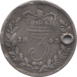 1843 SILVER THREEPENCE ( FAIR ) ( HOLED ) - Cambridgeshire Coins