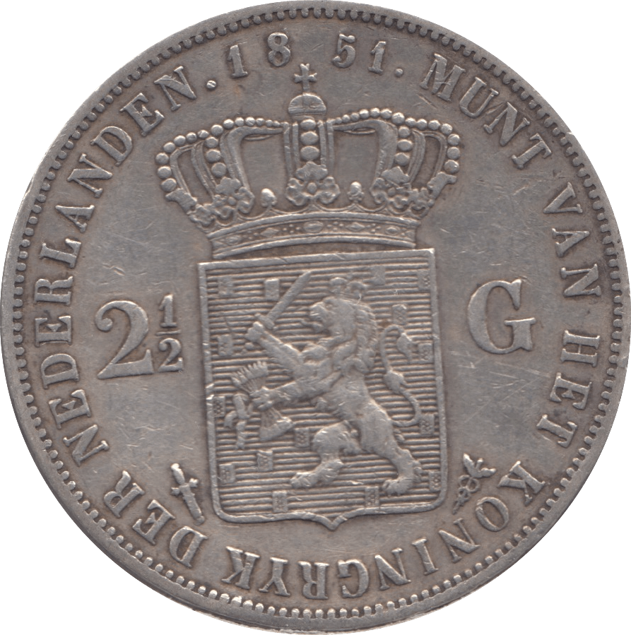 1851 SILVER 2 1/2 GULDEN NETHERLANDS - SILVER WORLD COINS - Cambridgeshire Coins