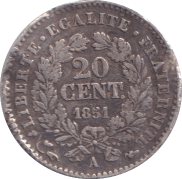 1851 SILVER 20 CENT FRANCE - SILVER WORLD COINS - Cambridgeshire Coins